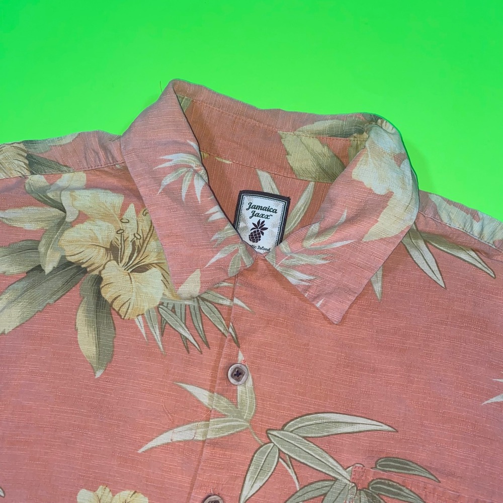 Jamaica Jaxx MenXL 100% Silk Tropical Floral Bamboo Hawaiian Shirt Salmon Orange